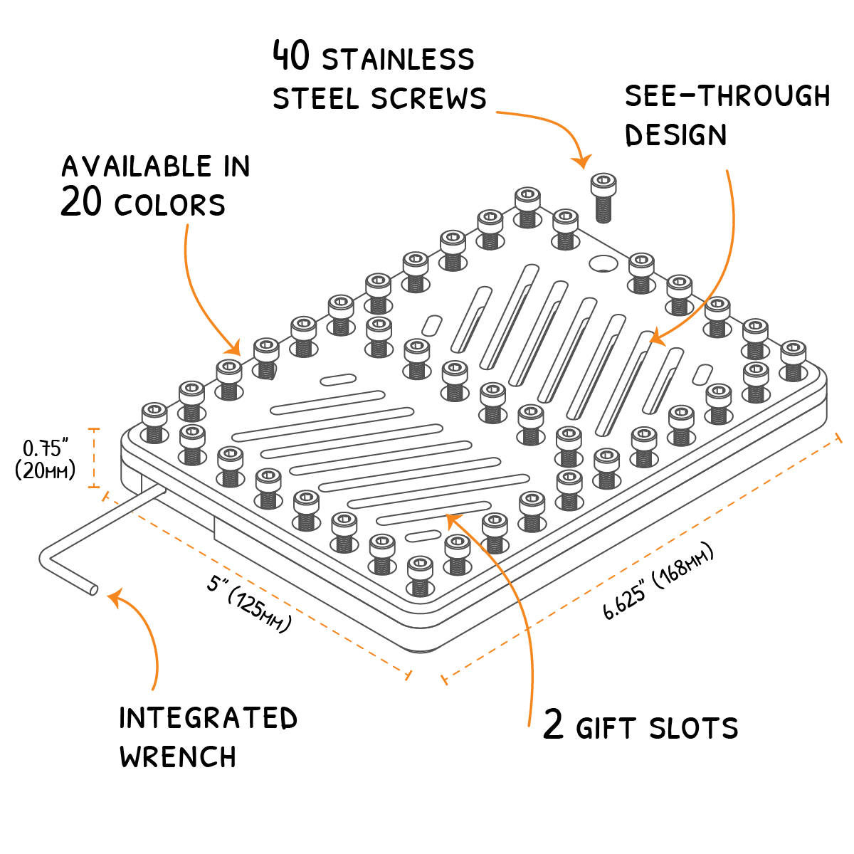 Diagram showing Lockup Duo graduation gift holder dimensions, 40 screws, two gift slots, and included wrench