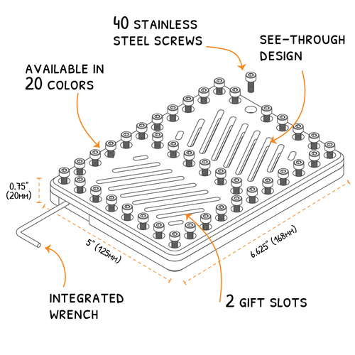 Diagram showing Lockup Duo graduation gift holder dimensions, 40 screws, two gift slots, and included wrench