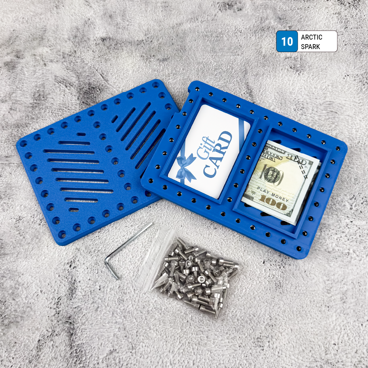 Blue Lockup Duo graduation money holder closed with screws and Allen wrench beside it