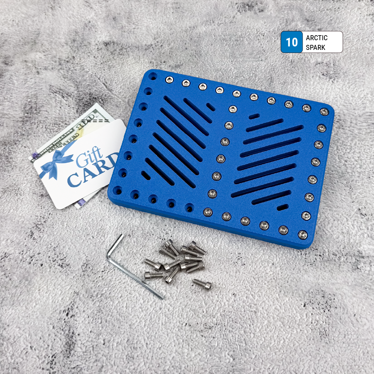 Blue Lockup Duo gift card holder closed with Allen wrench and screws beside it